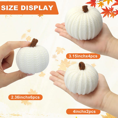 ZenNex 12-Pack Fall Crochet Pumpkins Handmade Fall Decor Set with 2.36, 3.15, 4inch Sizes Knit Pumpkins Farmhouse Thanksgiving Table Centerpiece, Halloween Decorations (White)