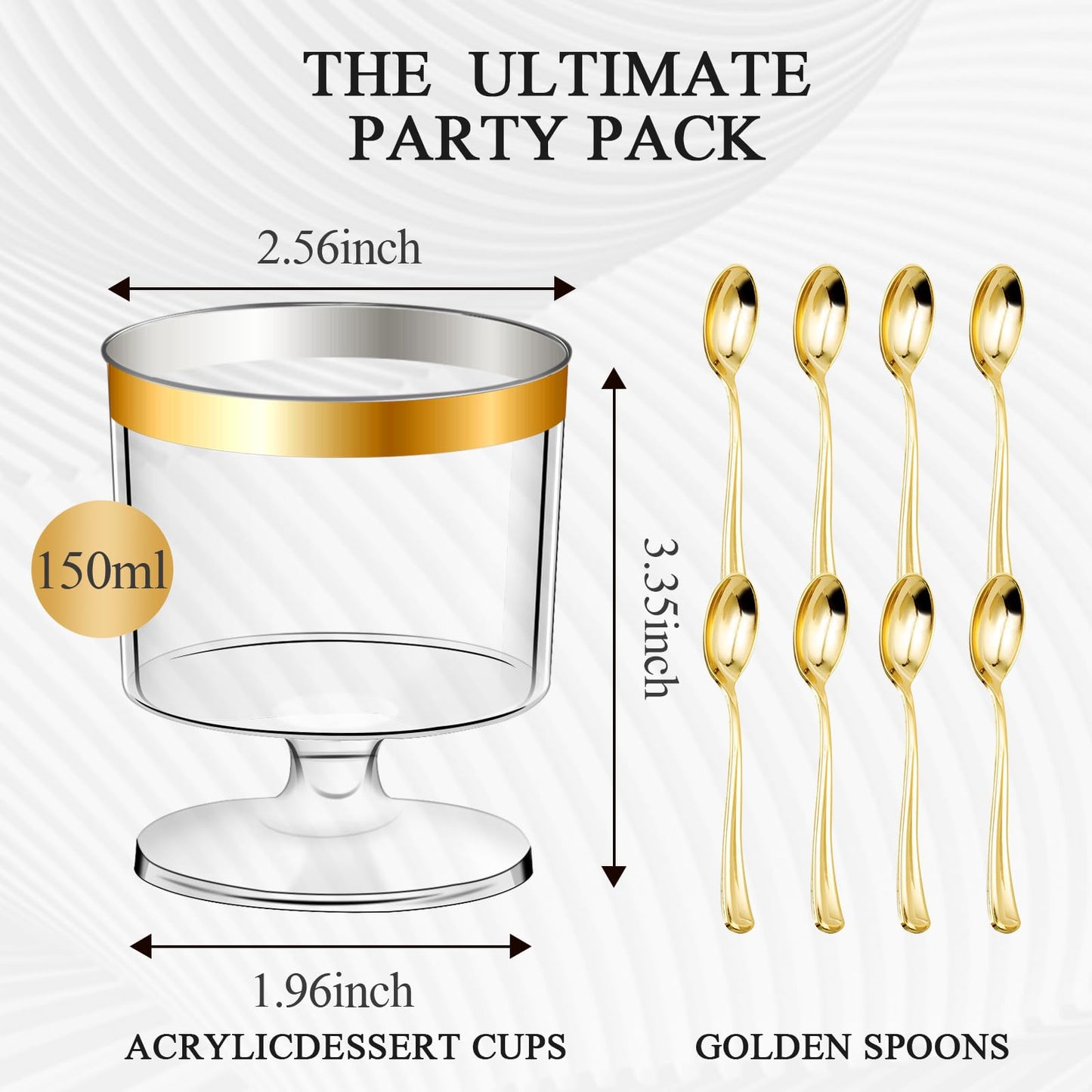 DI QIU REN 120 Pcs 5oz Dessert Cups with Gold Rim and Golden Spoon, Plastic Dessert Parfait Cup Clear Appetizer Pudding Cup, Round Serving Goblet Cups Shot Glasse (Round Goblet with Gold Rim-60Pack)