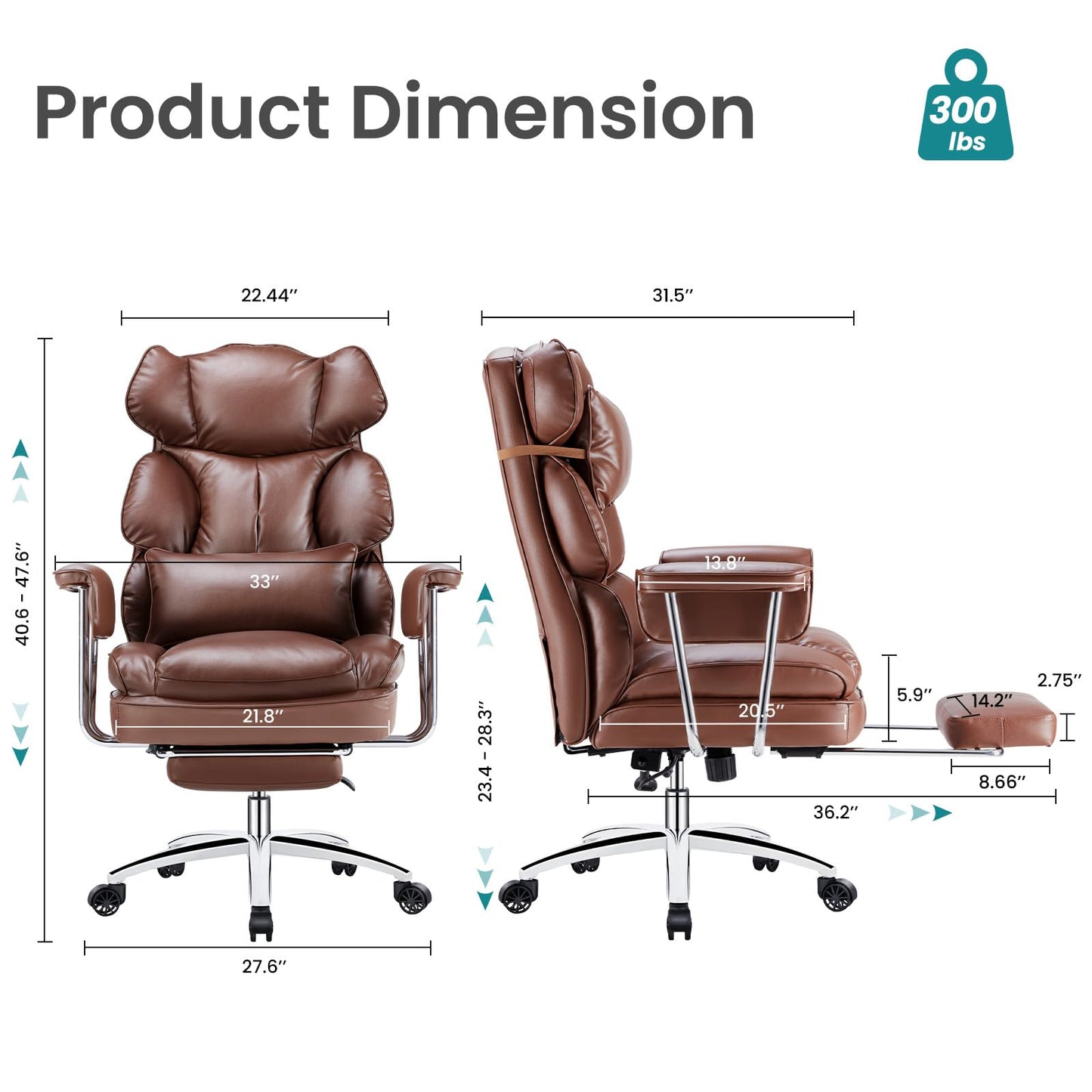 OLIXIS Home Office Desk Chair Comfy with Foot Rest, PU Leather Ergonomic Big and Tall High Back Support, 360° Swivel Wheels, Armrests and Detachable Pillow, Height Adjustable, Brown