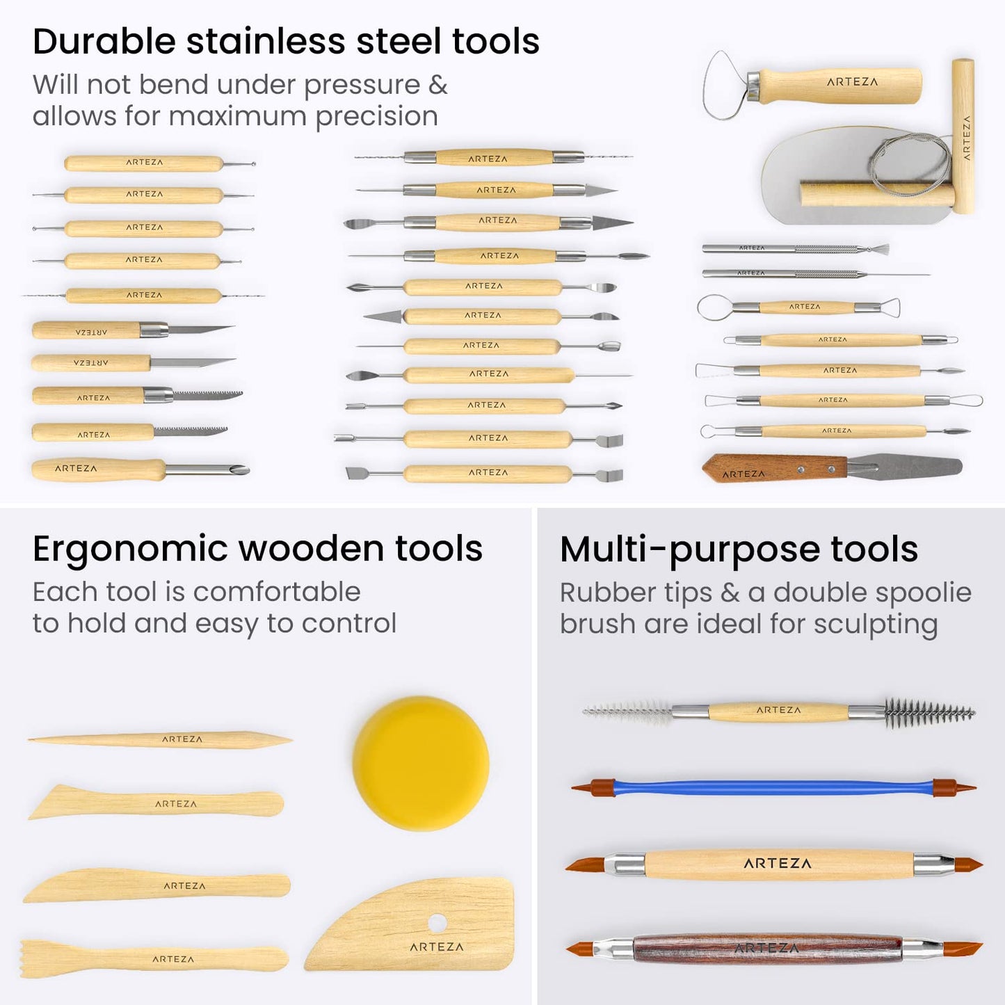 ARTEZA Pottery & Sculpting Tools, 42-Piece Clay Tools Set with Wooden Handles & Steel Tips for Polymer Clay, Ceramics, Carving, Modeling, Shaping & Smoothing