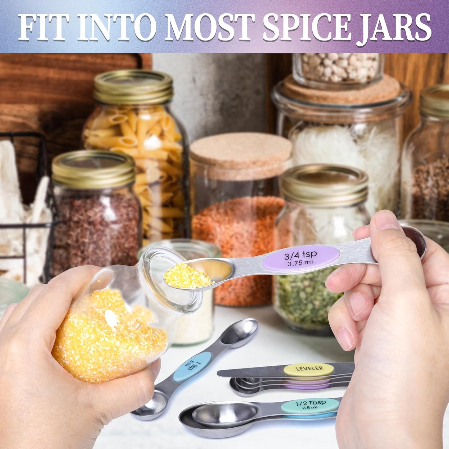 Magnetic Measuring Spoons Set of 8, Stainless Steel Dual Sided for Dry and Liquid Ingredients