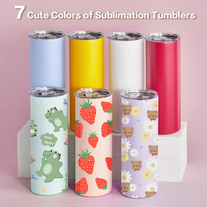 20pcs 20oz Sublimation Tumblers with Lids and Straws, Multi Color Stainless Steel Skinny Tumbler Sublimation Blanks Slim Insulated Cups for Heat Press with Shrink Wrap Water Bottles for Iced Coffee