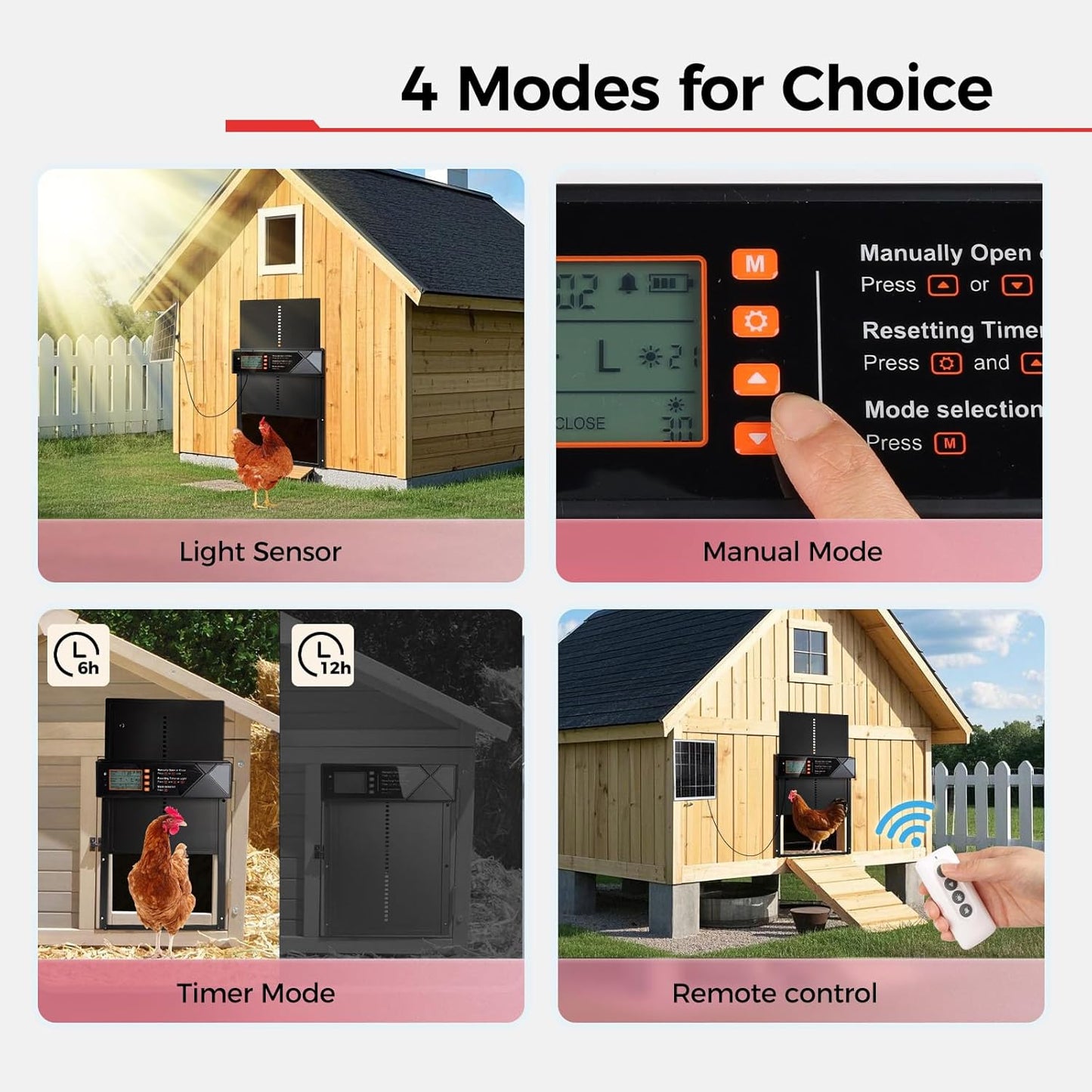 4 7W Automatic Chicken Coop Door Solar Powered, Modes Automatic Chicken Door with Timer & Light Sensor, Solar Charging