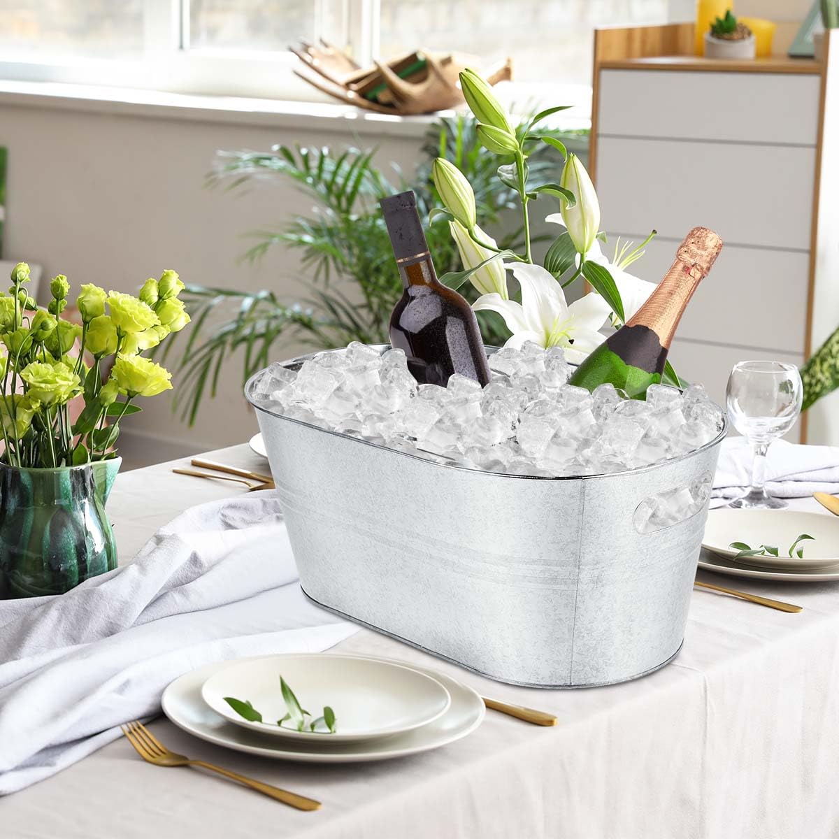 OBTANIM 4 Pack 4 Gallon Galvanized Ice Buckets Metal Champagne Drink Cooler Storage Ice Tub with Carry Handles for Beer Cocktails Wine Beverage Home Parties Bar Cooling Supplies