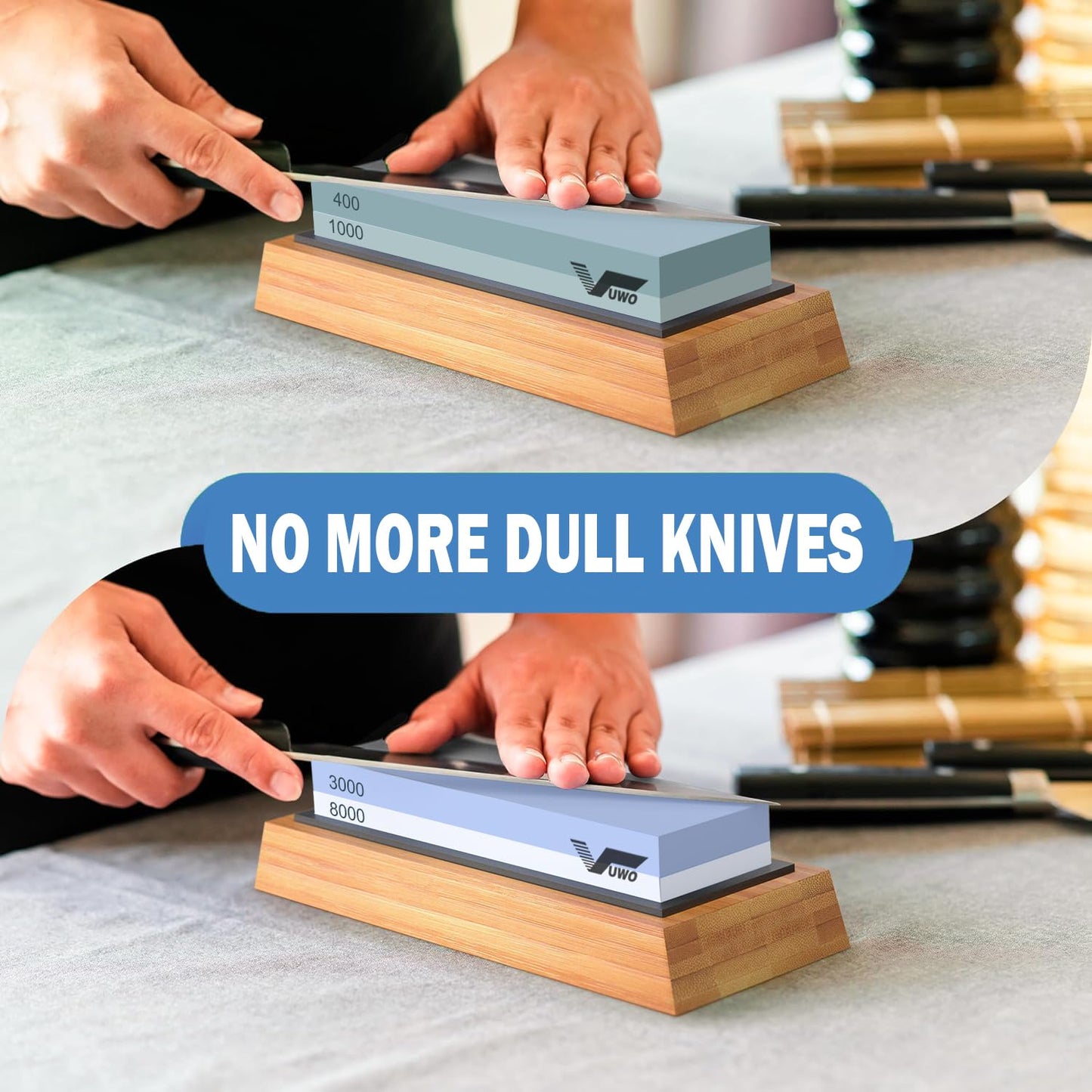 vuwo Knife Sharpening Stone Kit - Whetstone Grit 400/1000 3000/8000 Premium Knife Sharpener Wet Stone Set with Bamboo Base Angle Guide Leather Strop Flattening Stone Silicon holder