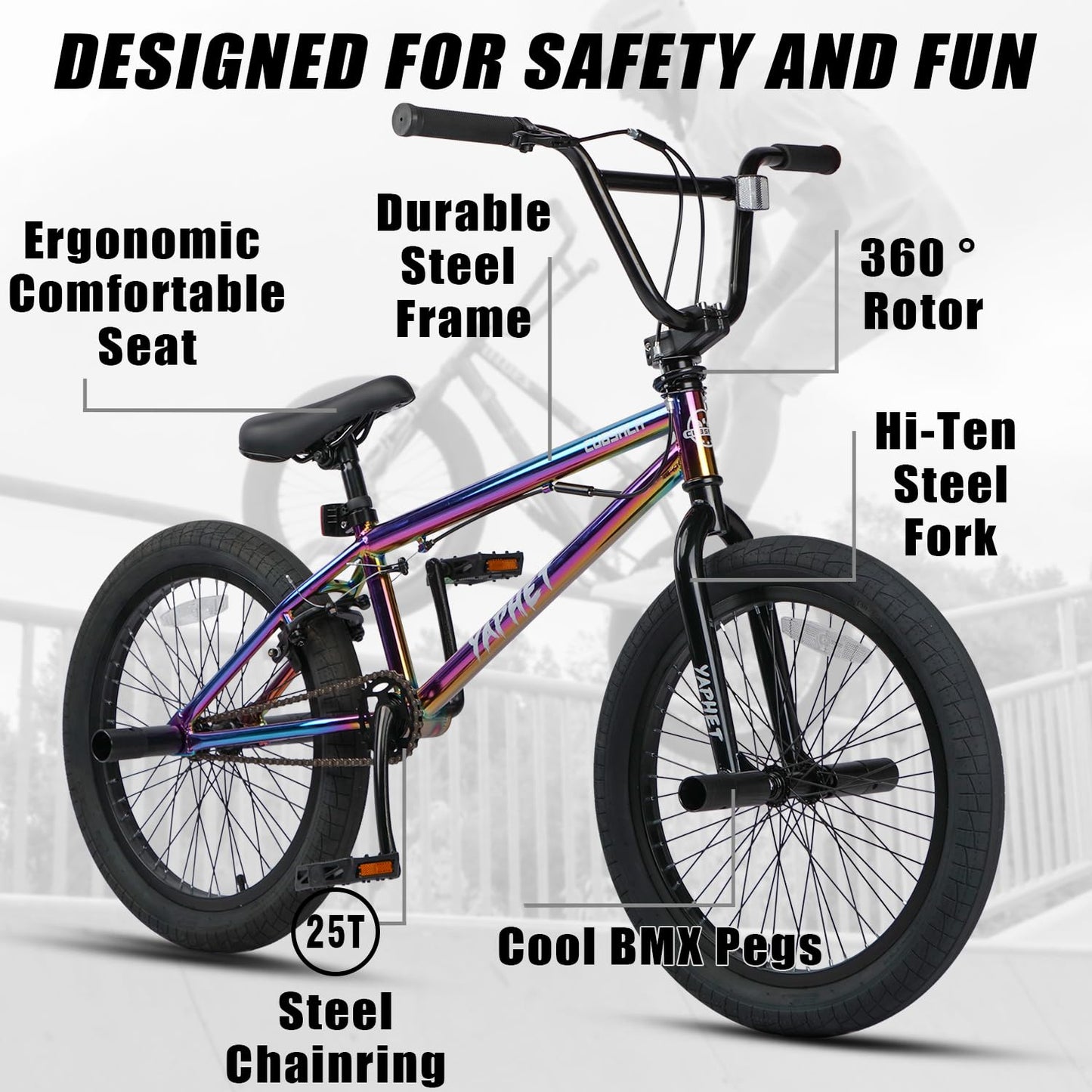 cubsala Freestyle BMX Bike, 20 Inch Yaphet Bicycle for Teen Beginner Adult Riders, Bike with 360° Rotating Handlebar and 4 pegs, Colorful
