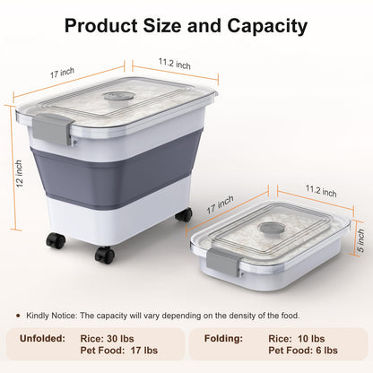 Rice Storage Container, Collapsible Airtight Food Storage Containers 20-30lbs with Clear Lid and Wheels, Rice Dispenser with Scoop for Flour Cereal Pasta Grain, Cat Pet Bird Dog Food Storage Container