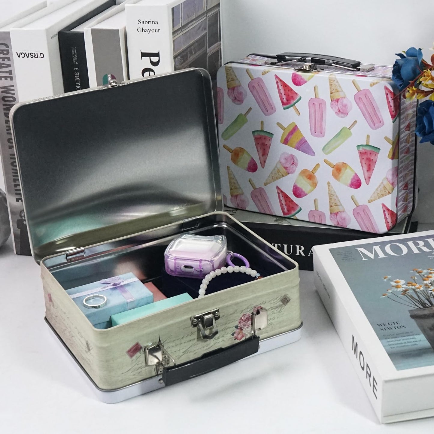 DreamsEden Luwint Tin Storage Boxes with Handle Small Metal Fun Box Cute Sturdy Tin Box Decorative Keepsake Case with Lid, Set of 2