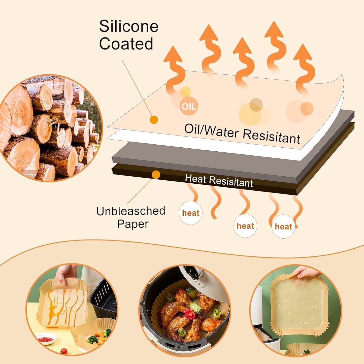 Skiennix Air Fryer Paper Liners - 400 Pcs Heavy-Duty Non-Stick Parchment for 2-4 Qt Baskets | 6.5" Square