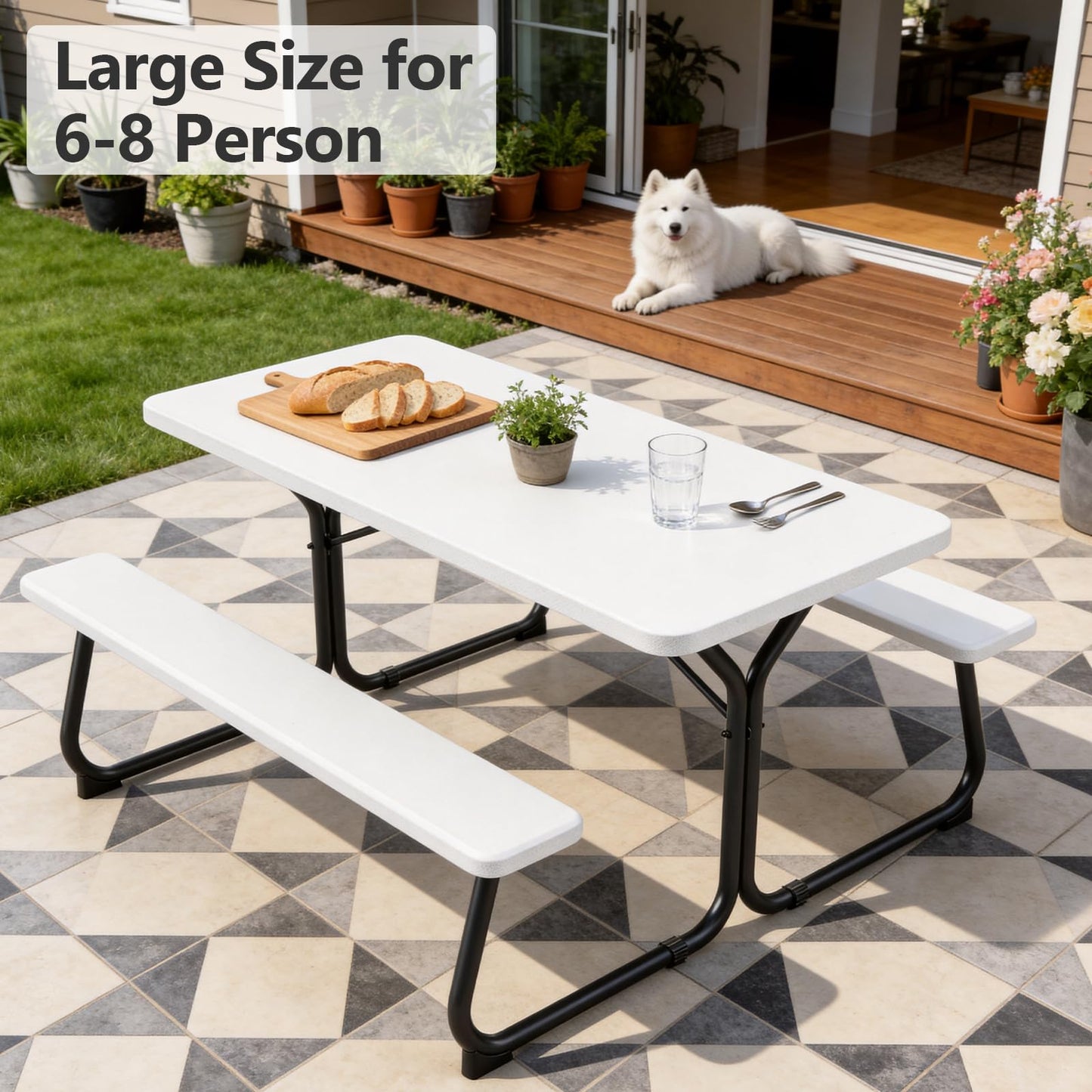 Picnic Table, 6 FT Outdoor Picnic Table with Benches for 8 People, Heavy Duty Picnic Bench Set with Steel Frame, 600LBS Capacity, Patio Dining Table Set for Backyard, Park, Garden, School