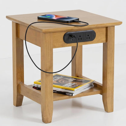 2 2 KAWIND Home Light Walnut Solid Wood End Table with Charging Station Compact Side Table with USB Ports & AC Outlets