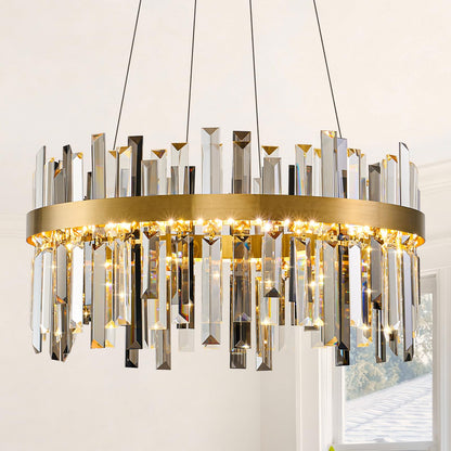 Gold Led Modern Crystal Chandelier: 19.7" Round Contemporary 3 Color Dimmable Dining Room Light Fixture over Table - Smoke Grey & Clear Crystals Chandeliers for Bedroom Living Kitchen Entryway Foyer