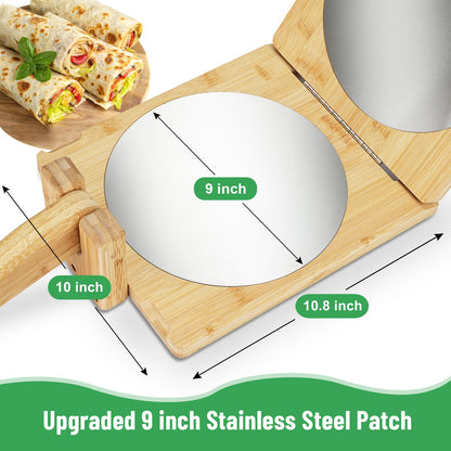 Wooden Tortilla Press, 10 inch Roti Maker and Tortilladora with Stainless Steel Patch, Tortilla Maker Press with 50 Pcs Parchment Paper and Recipes eBook, Heavy Duty Prensa Para Tortillas for Kitchen