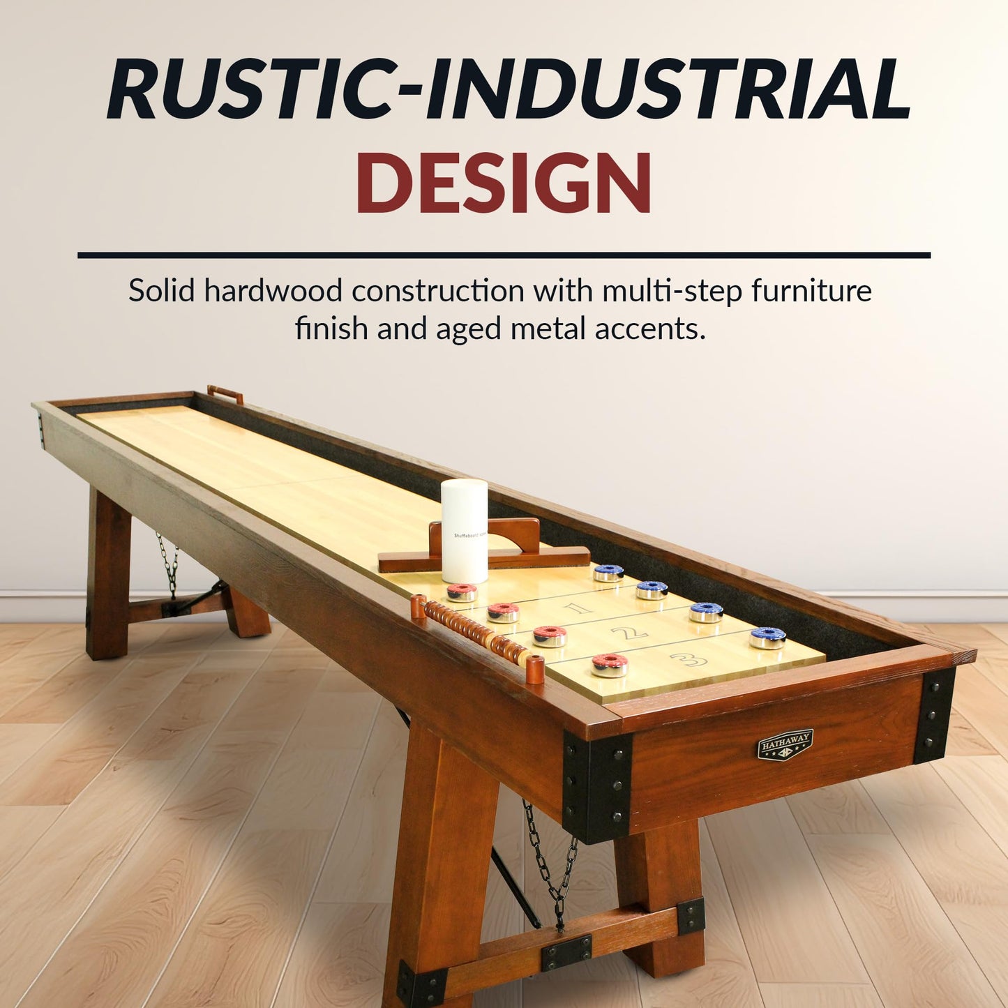 Hathaway Cheyenne 12 Ft Shuffleboard Table for Family Arcade Game Room - with Poly-Coated Playfield, Built-in Scorer & Cabinet, Climate Adjusters, Leg Levelers, 8 Pucks, Brush & Wax – Rustic Oak