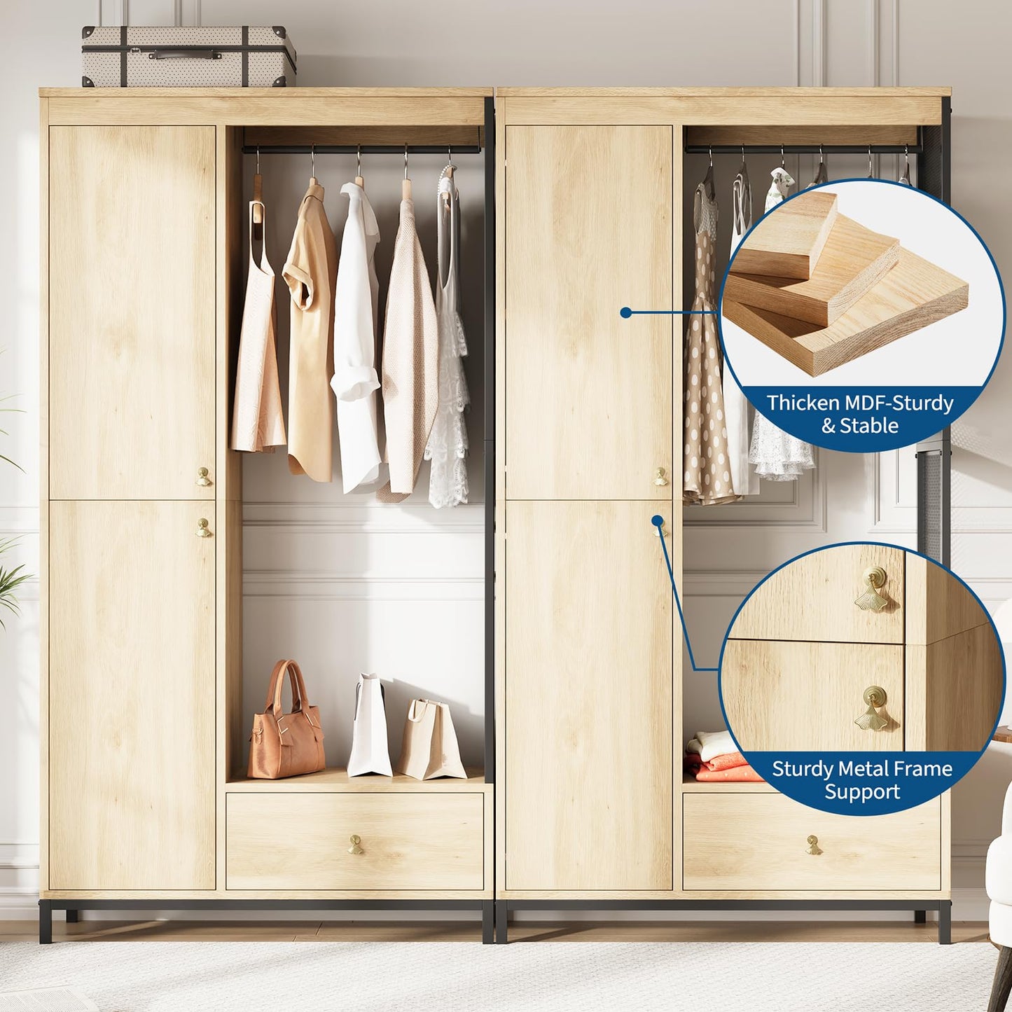 IDEALHOUSE 78.9 in Armoire Wardrobe Closet with Drawers, Wood Wardrobe Cabinet with Shelves and Hanging Rod,Clothing Storage Cabinet for Bedroom, Space-Saving Storage System for Entryway