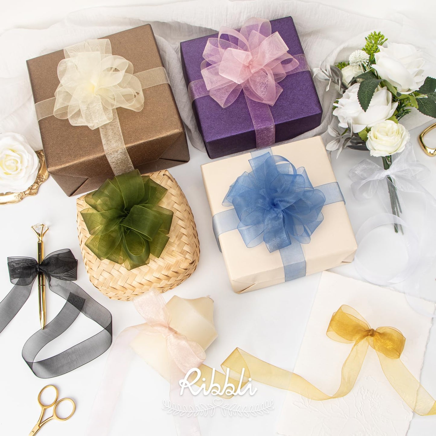 Ribbli Organza Ribbon 1 Inches 8 Rolls Total 80 Yard White Ivory Champagne Gold Rose Gold Dusty Blue Moss Black Sheer Ribbon for Gift Wrapping,Cookie Wrapping,Easter,Wedding Decoration