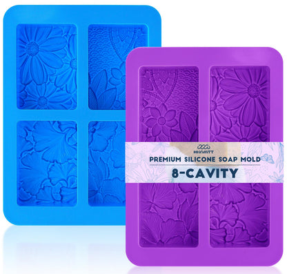 HKNMTT Silicone Square Rectangle Bar Molds Leaf Flower Pattern, 8 Cavities for Candy Soap Making Shower Steamer Homemade Bath Lotion Shampoo Bar DIY Set Non-stick Craft Food Grade 2 Pack