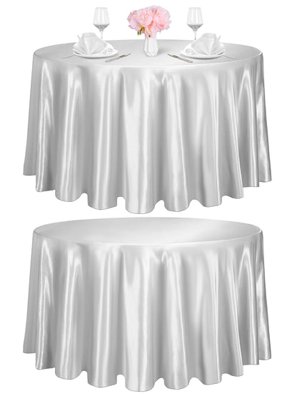 TURSTIN 2 Pieces Round Satin Tablecloth 120 Inches Overlay Table Cover Smooth Fabric Table Decor Bright Silk Tablecloth for Holiday Dinner Wedding Banquet Table Decoration (Light Silver)