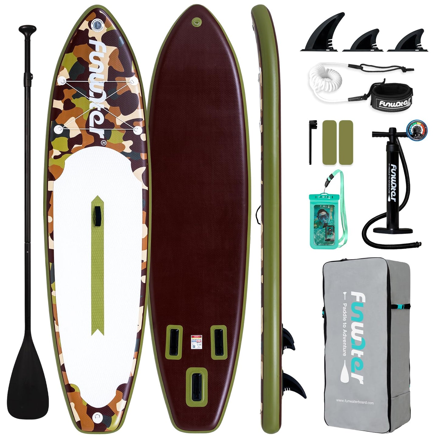 FunWater SUP Inflatable Stand Up Paddle Board Ultra-Light Inflatable Paddleboard with SUP Accessories,Fins,Adjustable Paddle, Pump,Backpack, Leash, Waterproof Phone Bag(Brown)