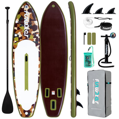 FunWater SUP Inflatable Stand Up Paddle Board Ultra-Light Inflatable Paddleboard with SUP Accessories,Fins,Adjustable Paddle, Pump,Backpack, Leash, Waterproof Phone Bag(Brown)