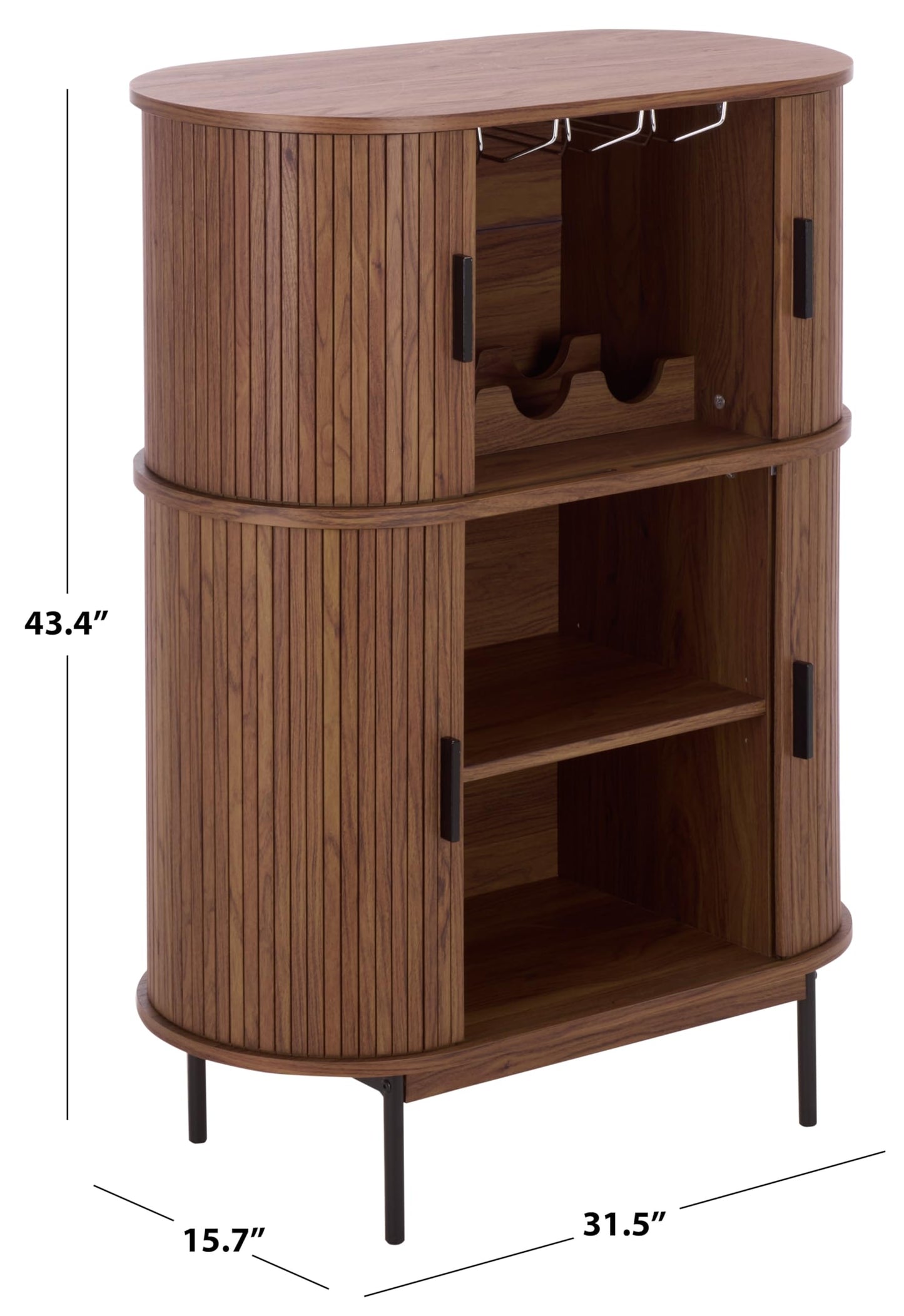 SAFAVIEH Furniture - Erdwing Bar Cabinet - Walnut & Black - Tambour Door Wine & Liquor Storage Cabinet with Glassware Rack - Ideal for Living Room, Home Bar, Dining Space (BCT3100A)