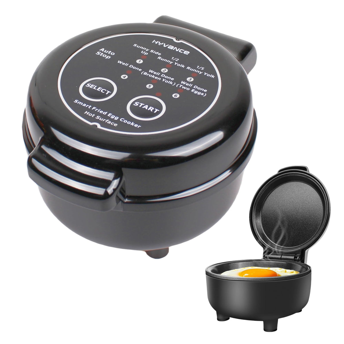 Hyvance Smart Fried Egg Cooker, Automatic Fried Egg Maker for 6 Features like Sunny Side Up, Over Easy, Fully Cooked & More. Auto Power Off, Alarm, Round Shape, Non Stick Coating (Black)