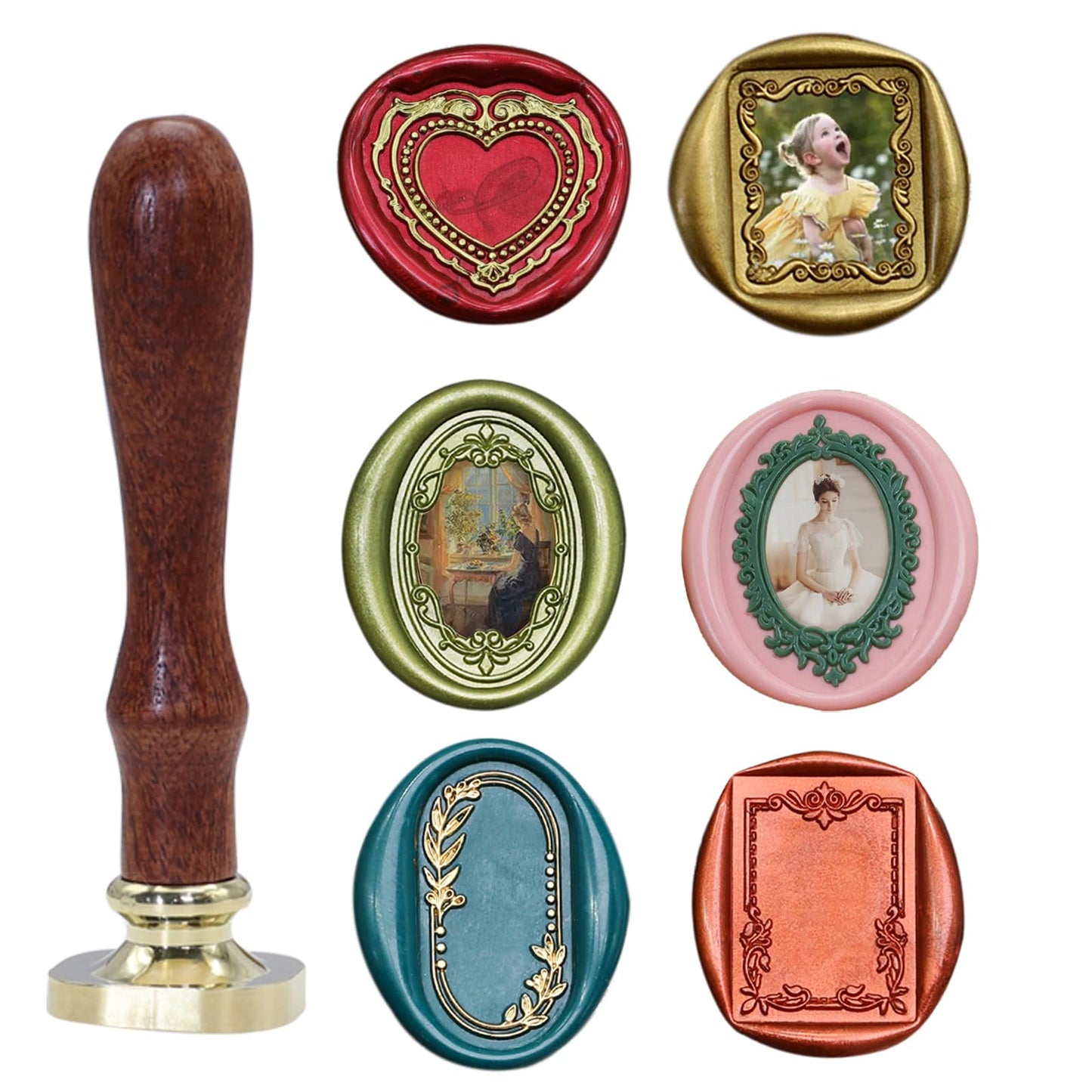 Andotopee 6-in-1 Vintage Embossed Frame Wax Seal Stamp Kit- Rectangle & Oval & Heart 3D Relief Photo Frame Seal Stamps with Wood Handle, Retro Sealing Wax Stamp for Wedding Invitations, Letters