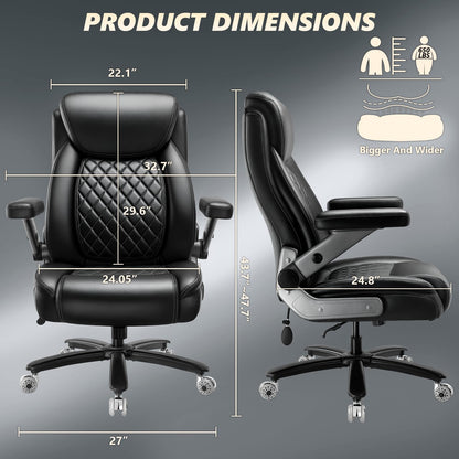 650LBS Big and Tall Office Chair with 5D Flip Arms and Thick Pocket Spring Cushion, Extra Wide Heavy Duty Office Chair & Adjustable Lumbar Support, Large High Back Computer Chair Dual Rubber Wheel