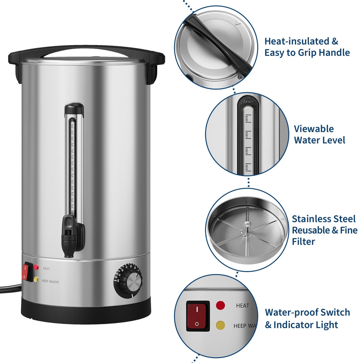 60 Cup Large Coffee Urn with Double Wall Insulation, 10L/2.6 Gallon Stainless Steel Commercial Electric Coffee Dispenser with Hot Drinks and Hot Water, for Weddings, Parties, Catering, and Buffets