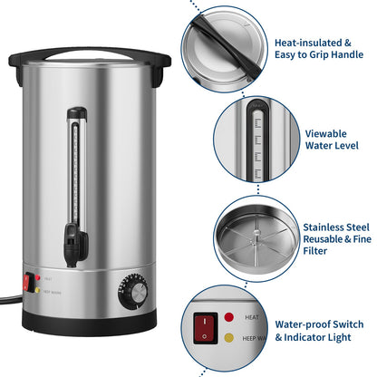 70-Cup Commercial Coffee Urn, 10L / 2.6Gal Double Wall Insulation Coffee Dispenser, Stainless Steel Large Hot Beverage Dispenser with Automatic Temperature Control & Faucet for Party Buffet, Silver