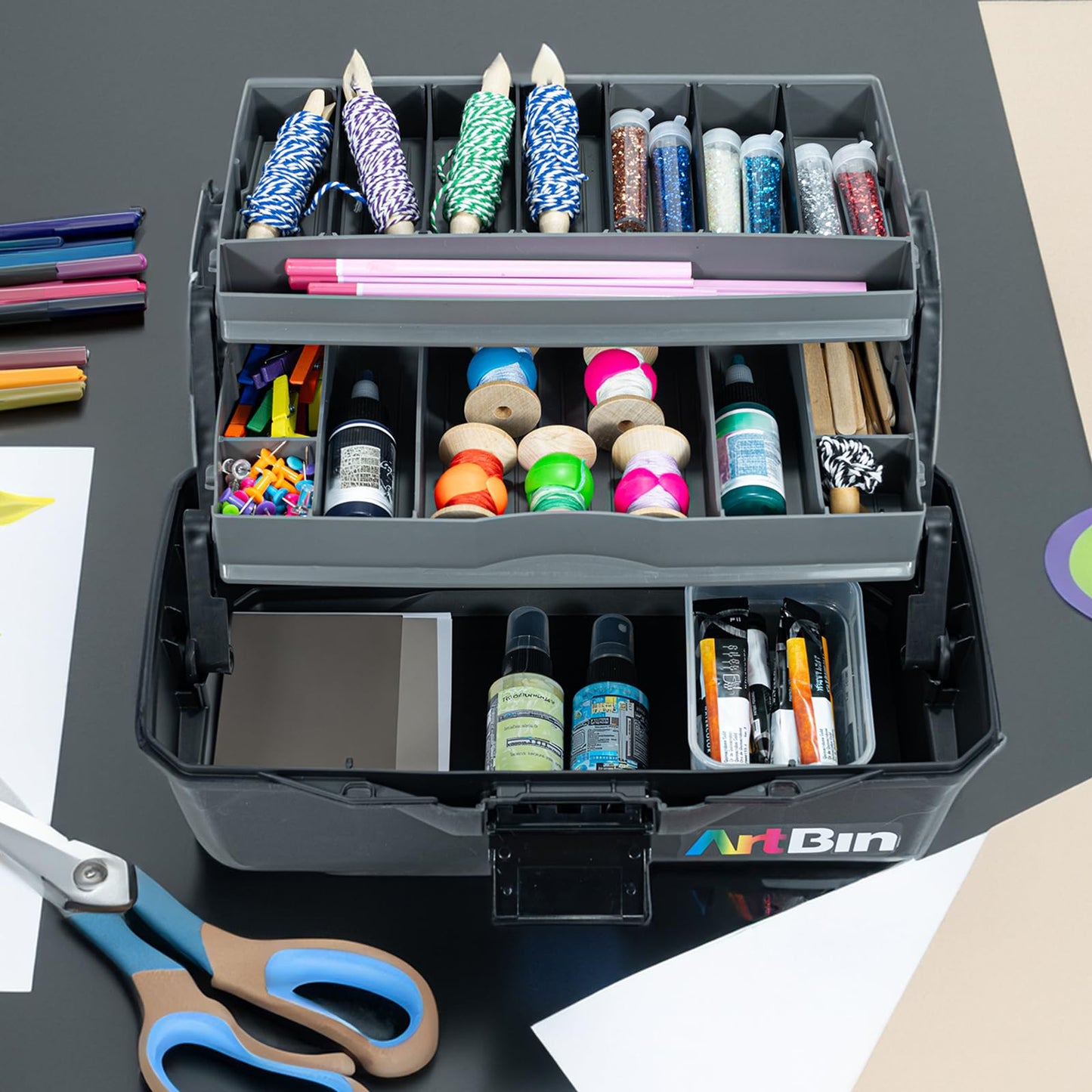 ArtBin 6892AG 2-Tray Art Supply Box, Portable Art & Craft Organizer with Lift-Up Trays, [1] Plastic Storage Case, Gray/Black