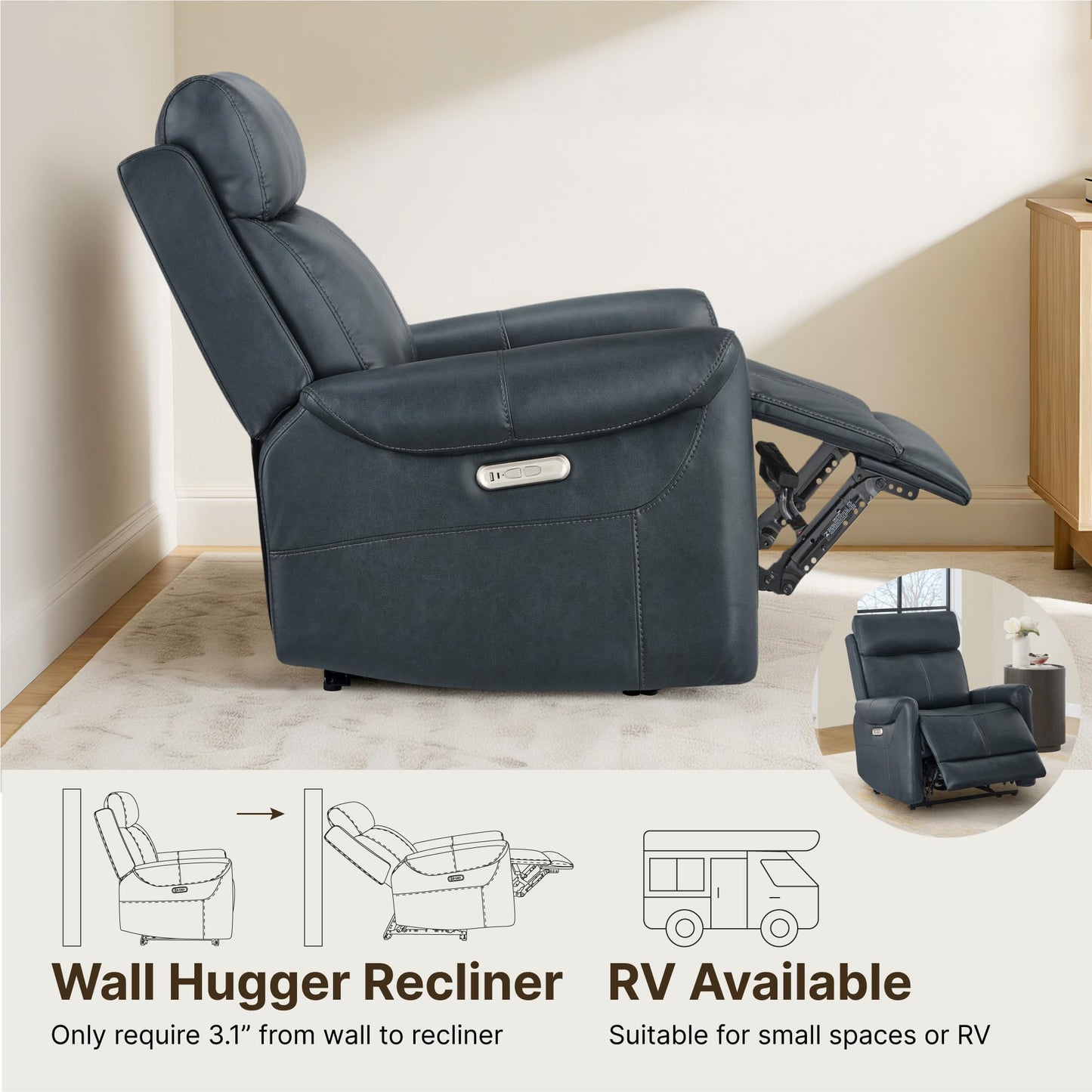 KISLOT Leather Recliner Chair for Adults Wall Hugger RV Recliner with USB Charging Ports Electric Power Reclining Sofa for Living Room Home Theater Seating Bedroom
