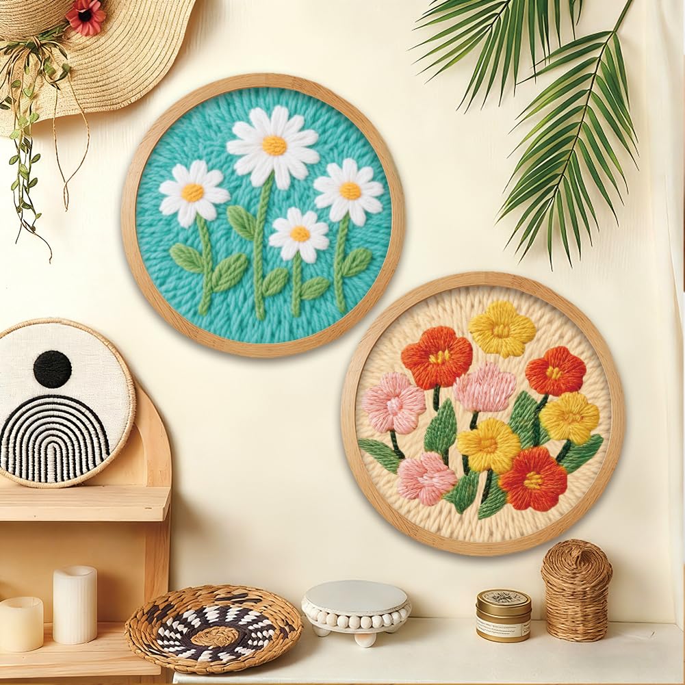 BEUNITONE 2PCS Flower Punch Needle Kit for Adults Beginners, Complete DIY Craft Needlepoint Kits with Hoop, Punch Needle Starter Craft Embroidery Set for Handmade Decor & Floral Stitching Projects
