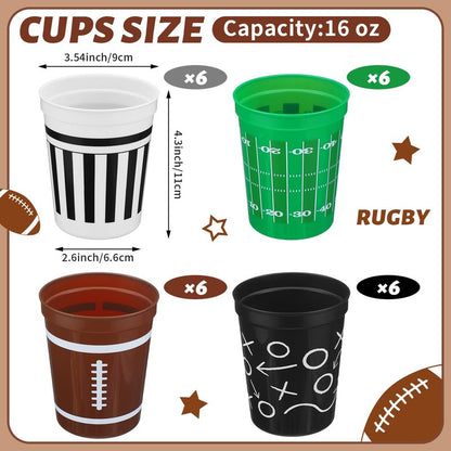 Tioncy 24 Pack Football Plastic Cups 16 oz Football Theme Reusable Cups 4 Designs Plastic Drinking Glass Bulk Assorted Sports Rugby Party Supply Drinkware for Coffee Beer Cream Snacks
