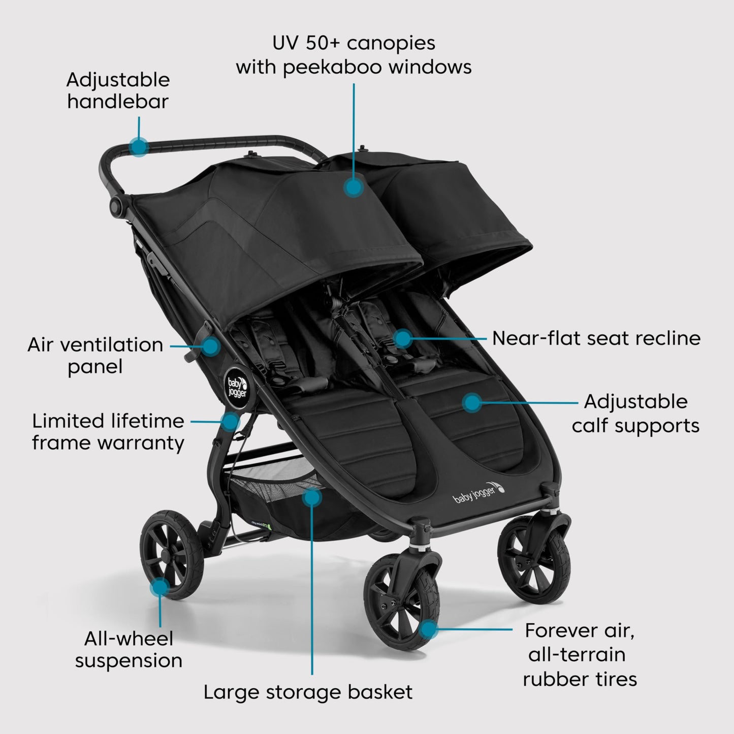 Baby Jogger® City Mini GT2 All-Terrain Side by Side Double Stroller, Twin Stroller for Newborns and Toddlers, Compatible with Britax, Cybex, Graco, and Maxi Cosi Infant Car Seats, Jet Black