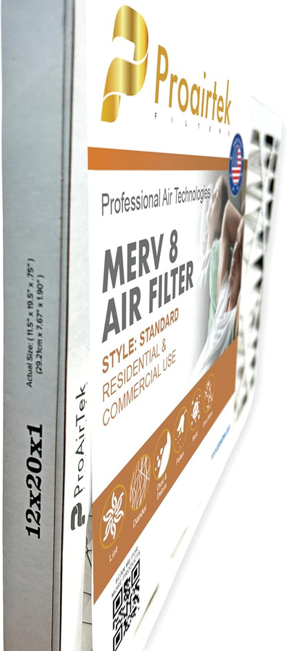 Proairtek AF12201M08SWH Model 12x20x1 Pack of 2 Air Filters, MERV 8 for Clean Air in Home