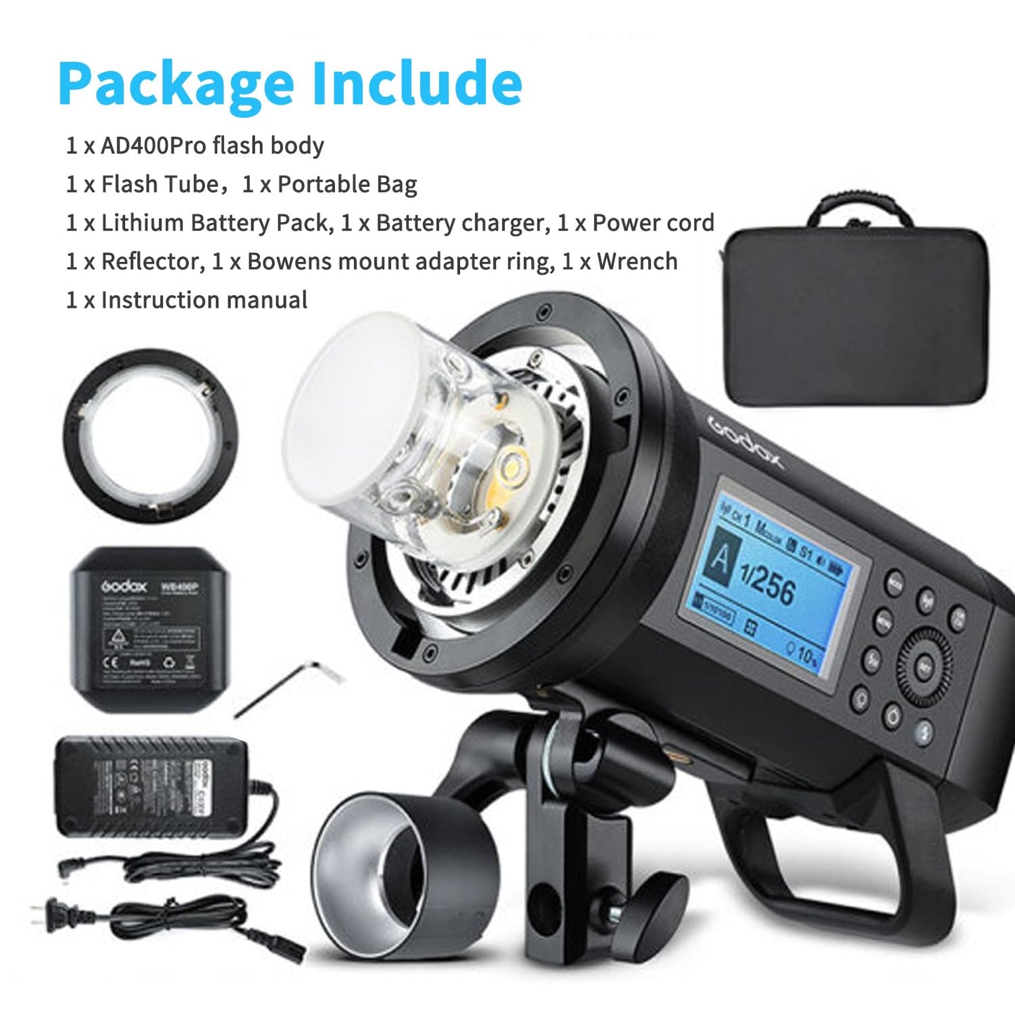 Godox AD400 Pro AD400Pro Outdoor Flash Strobe, Portable 400Ws 2.4G TTL 1/8000 HSS Monolight, 0.01-0.9s Recycle, 30W LED Modeling Lamp, GODOX AD 400 Pro with Rechargeable Battery & Bowens Mount