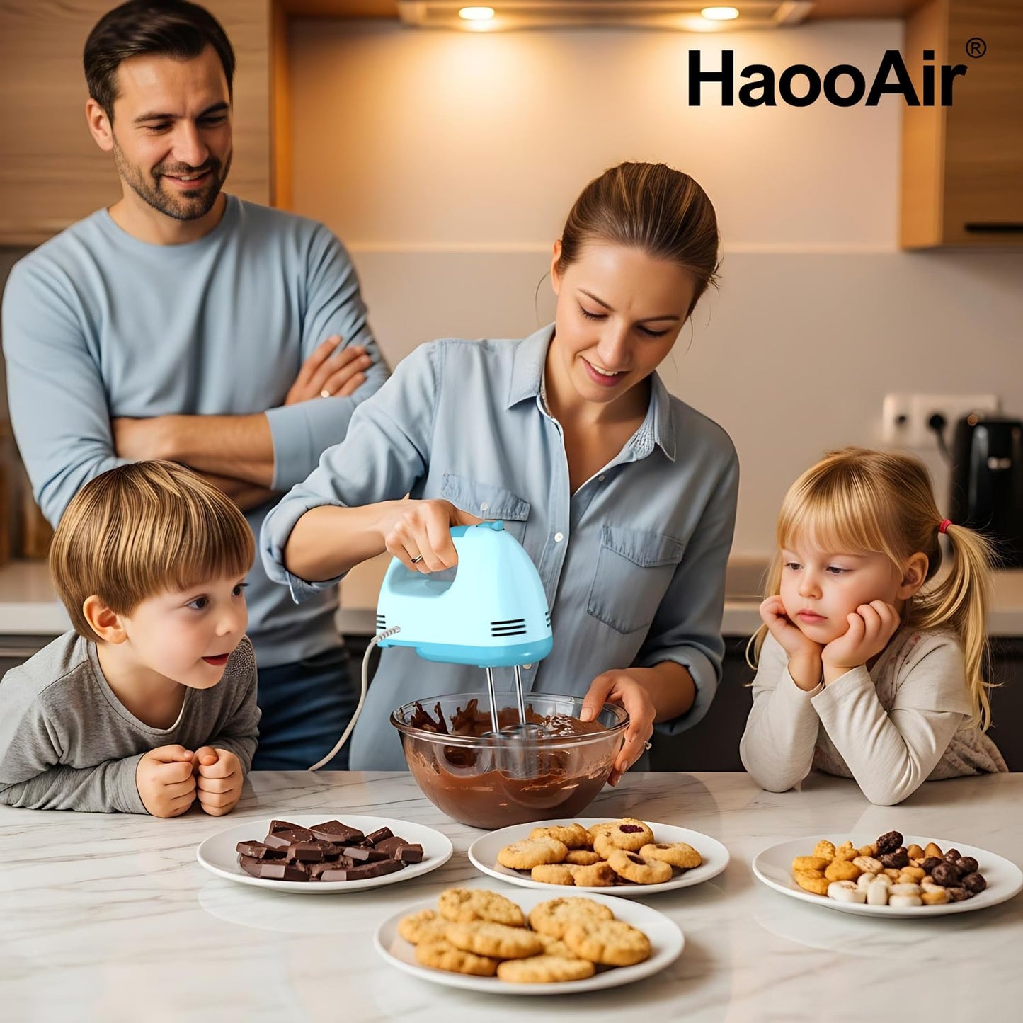 HaooAir Electric Handheld Mixer, 7-Speed Adjustable Kitchen Mixer, 5 Stainless Steel Accessories (2 * Dough Hooks, 2 * Beaters, 1 * Whisk), Perfect for Kitchen and Baking Food Mixers, Blue