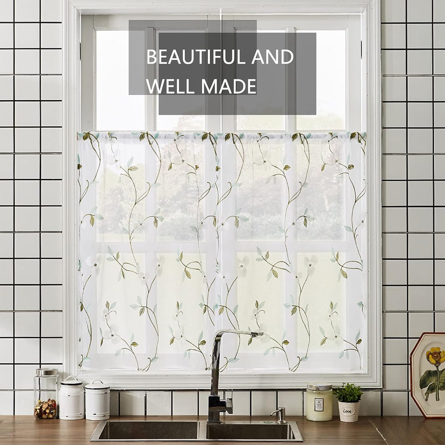 MRTREES Voile Sheer Tier Curtains, Floral Embroidered Kitchen Tiers Rod Pocket, White (2 Panels, 30x36 Inches)