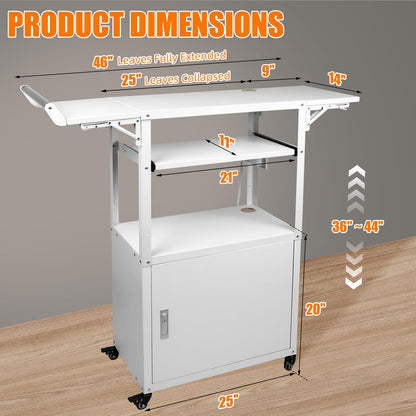 Large Steel AV Cart with Wheels and Drop Leaves, Height Adjustable AV Cart with Locking Cabinet and Power Strips, Rolling Computer Workstation with Pullout Keyboard Tray for Office & Classroom