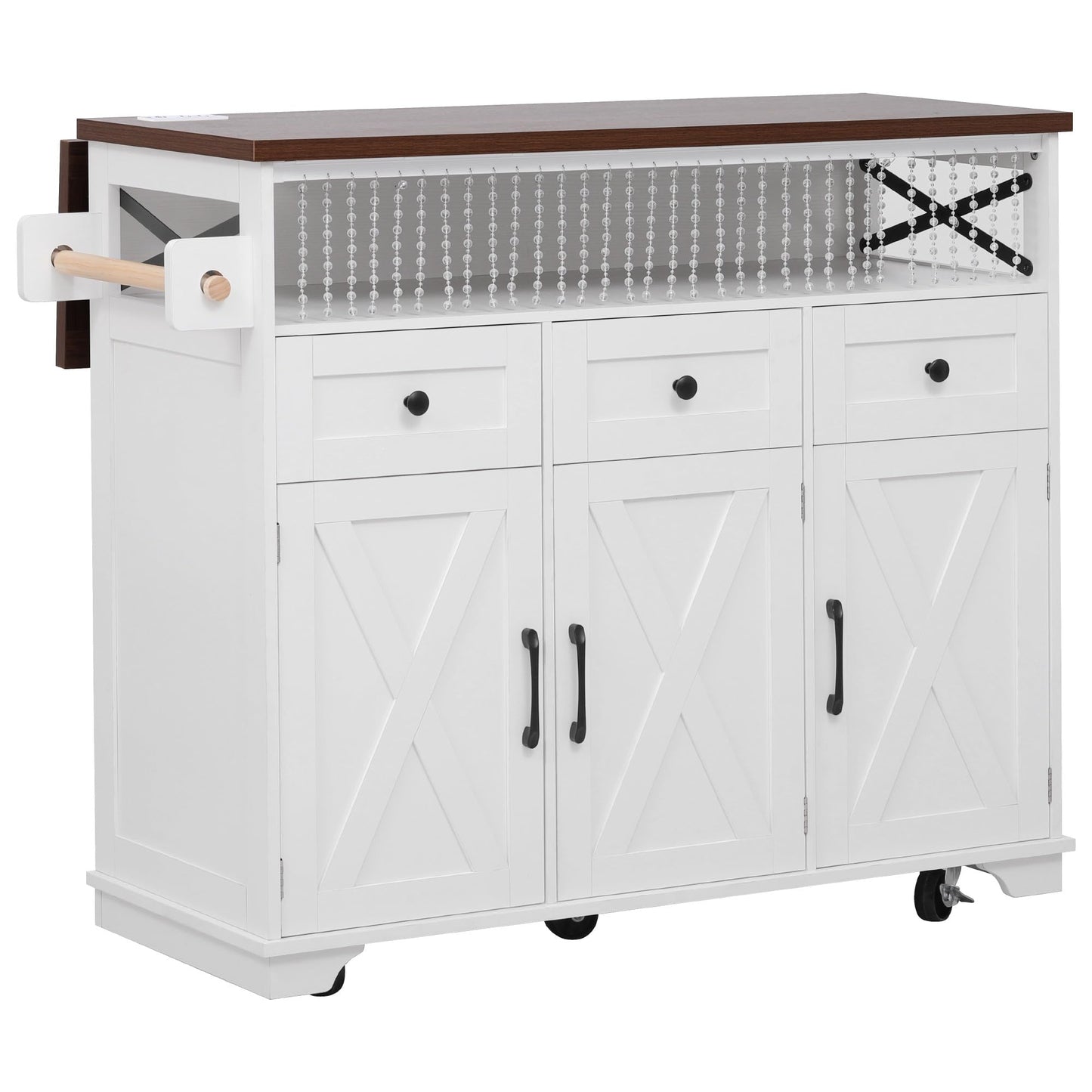 Bellemave 46.5" Farmhouse Kitchen Island cart with Charging Station and with Drape of Beads, Rolling Kitchen Island Table with Drop-Leaf, 3 Drawers, White