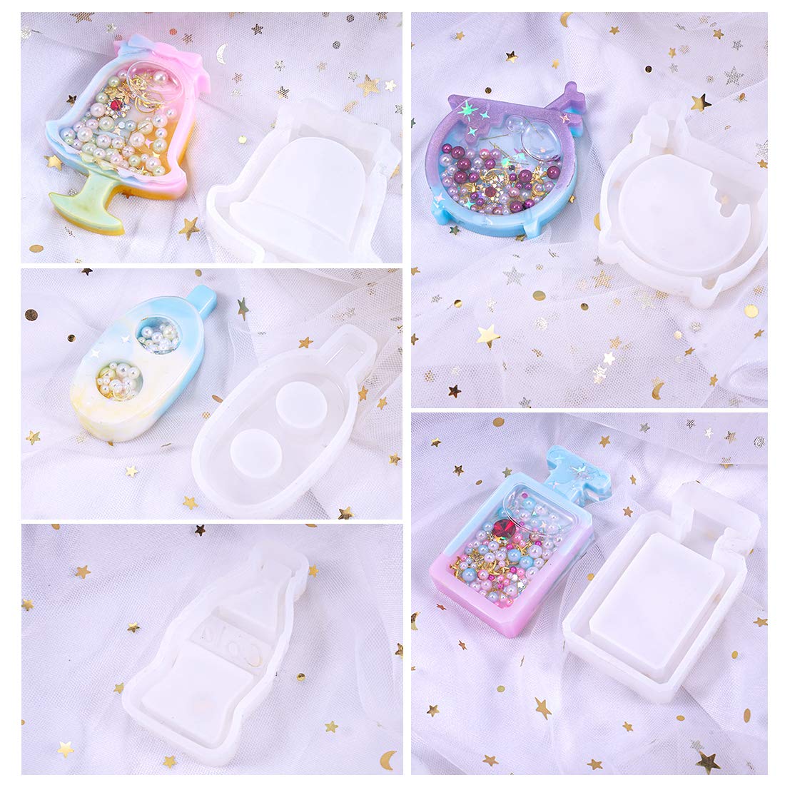 FineInno 10 Pcs Shaker Resin Molds,Jewelry Molds for Epoxy Resin, Quicksand Mold with 5 Resin Shaker Film,Pendant,Charms, Art Crfat Pendant DIY