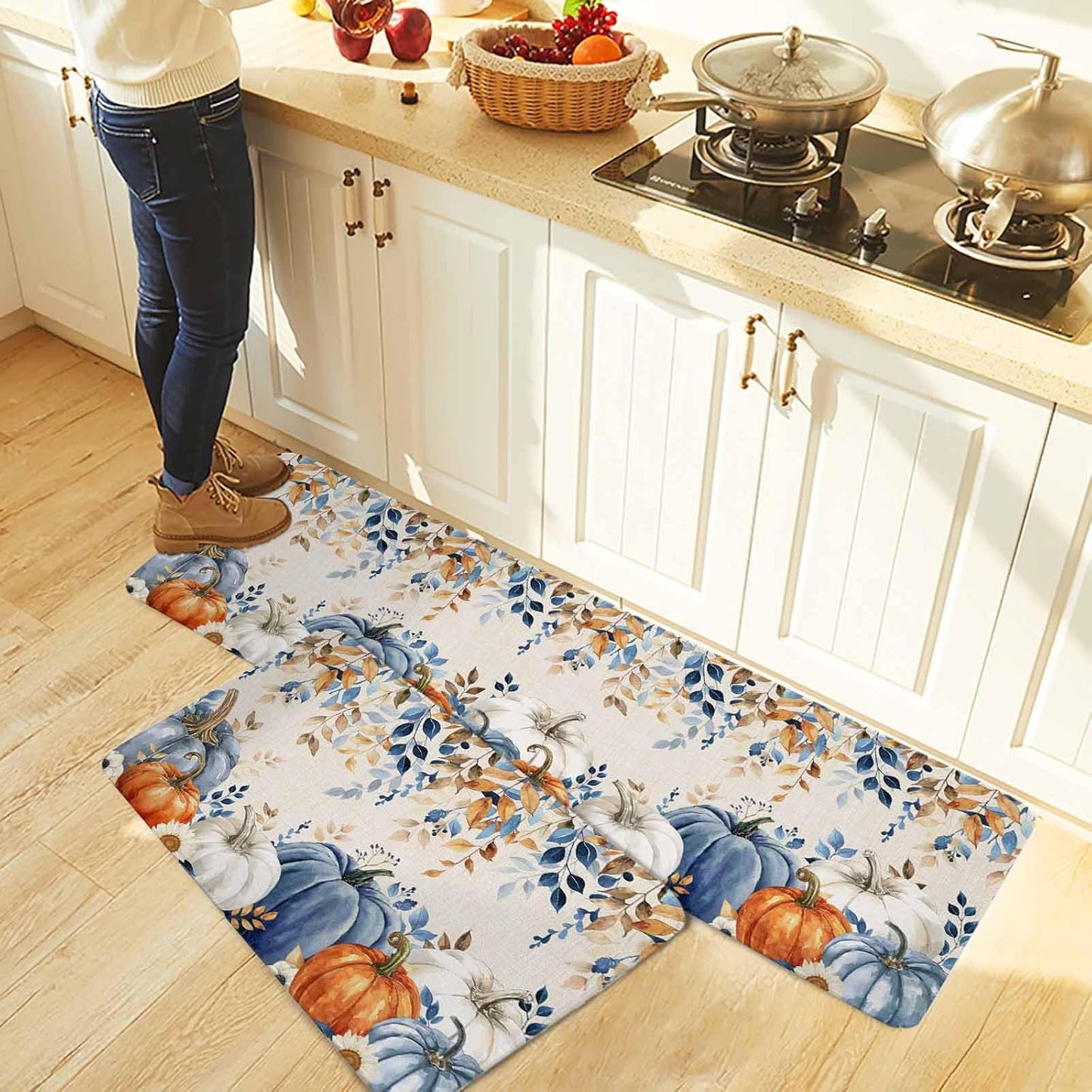 Blue Pumpkins Fall Kitchen Rugs and Mats Set, Thanksgiving Non-Slip Bathroom Rug with Eucalyptus Leaves Botanical