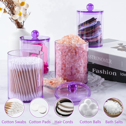 XIPENGKEJI Qtip Holder Set - Stylish Apothecary Jars for Cotton Swabs & Pads | 10oz-12oz Purple Canisters