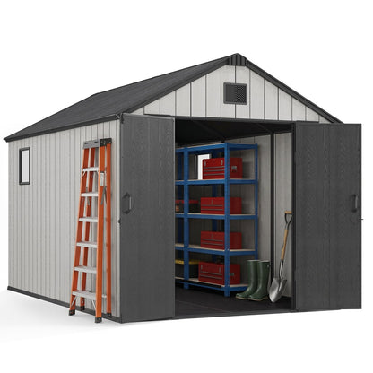 Jocoevol Outdoor Storage Shed, 8x12FT Resin Shed with Floor/Windows/Lockable Door/Vents, 15mm Thickened Heavy Duty All-Weather Garden Tool Shed for Backyard, Patio, Lawn, Gray