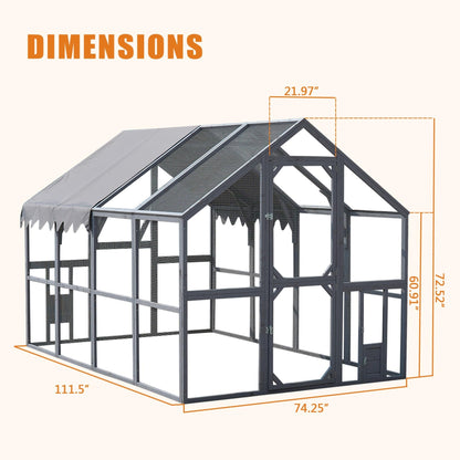 KEIKI 110" L Outdoor Large Chicken Coop with Waterproof Cover, Wire Mesh & 2 Lift Small Doors with Locks, Wood Chicken Coop House for Cat Kitten, Duck, Rabbit, Quail Playpen