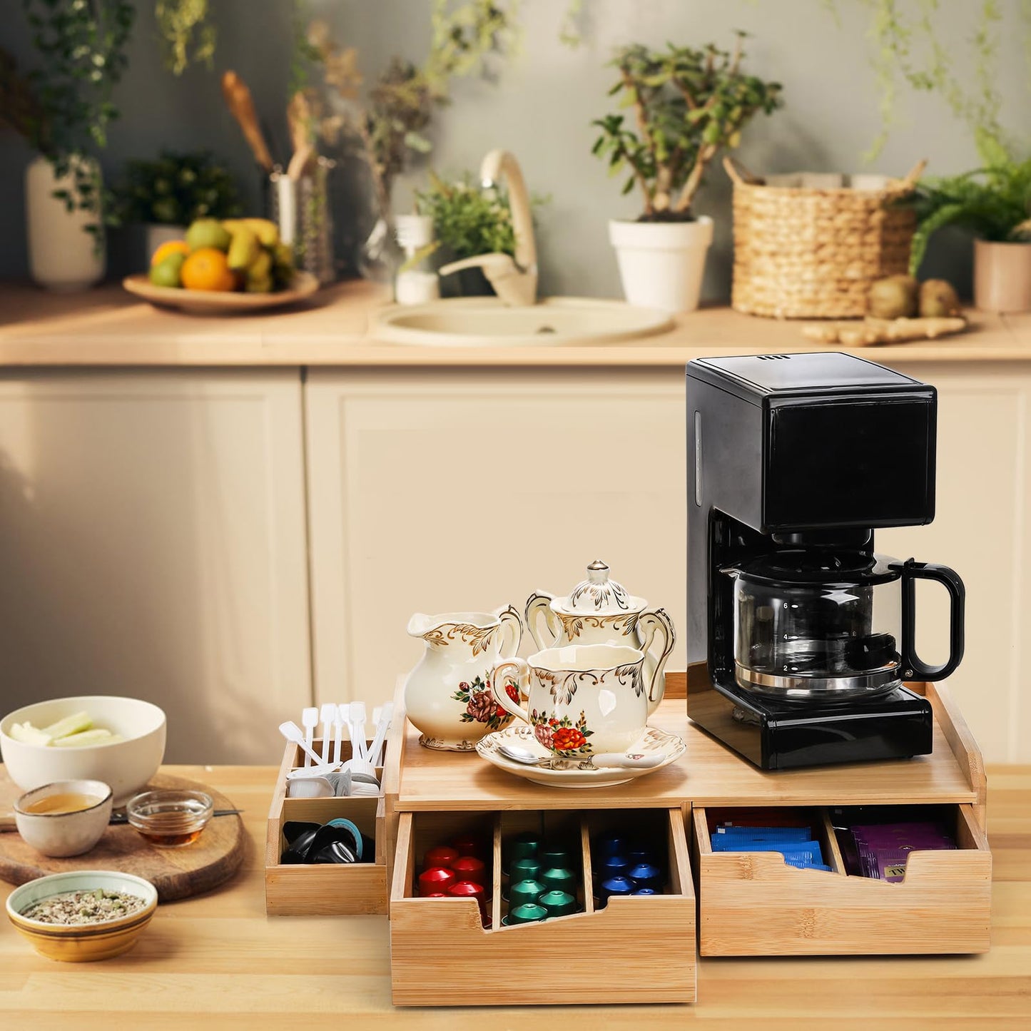 SOUJOY Bamboo Drawer Organizer for Coffee Pod, K Cup Organizer for Counter, Tea Bag Storage Organizer with Drawer and Side Storage Box for Kitchen Office Coffee Bar