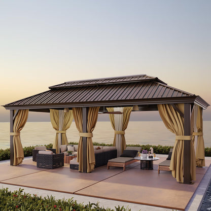 HOTEEL 12x20 Hardtop Gazebo on Clearance with Metal Roof & Drainage System, Heavy Duty Galvanized Steel Gazebo with Aluminum Frame, Privacy Curtains and Netting, for All-Weather, Brown(2026 Upgraded)
