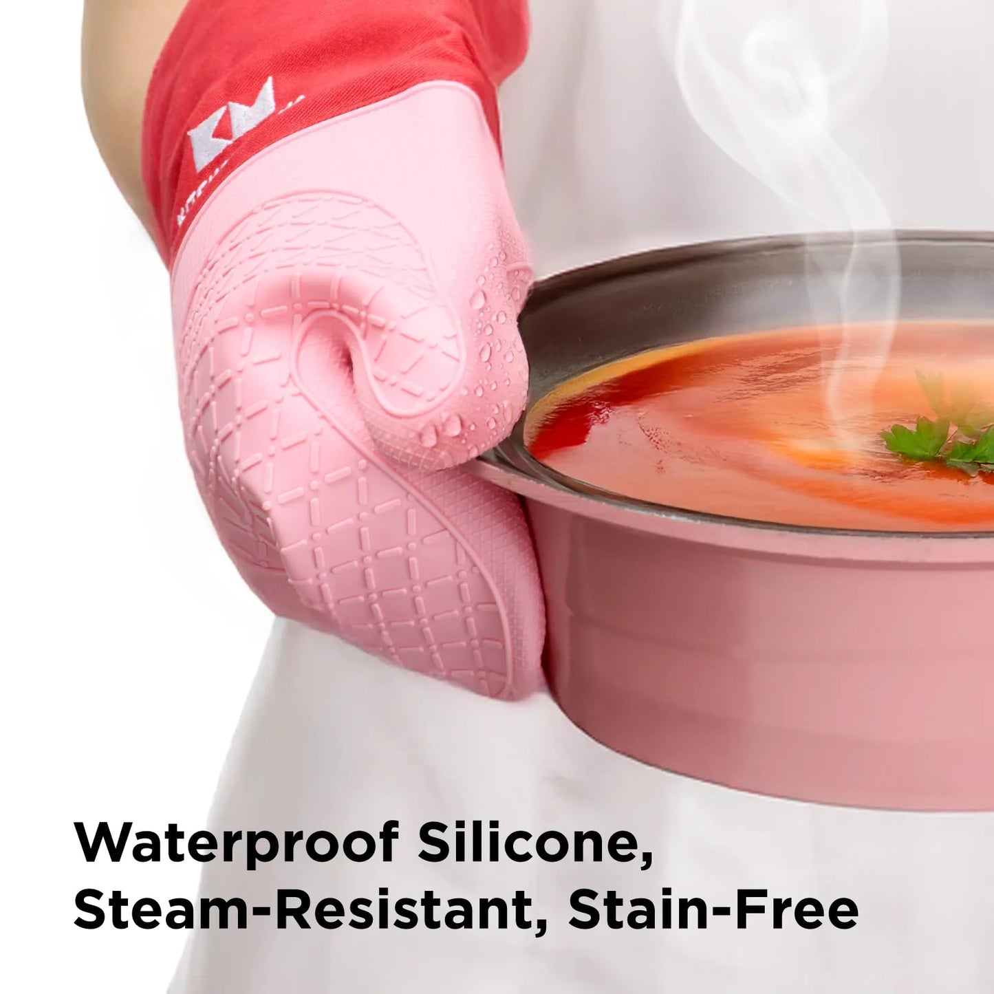 Kitchen Mama UltraShield Silicone Oven Mitts – Heat Resistant, Non-Slip Surface, Durable, Safe, Pot Holders, FlexiblWaterproof Glove Set, Perfect for Cooking, Baking, Grilling, BBQ (Red)