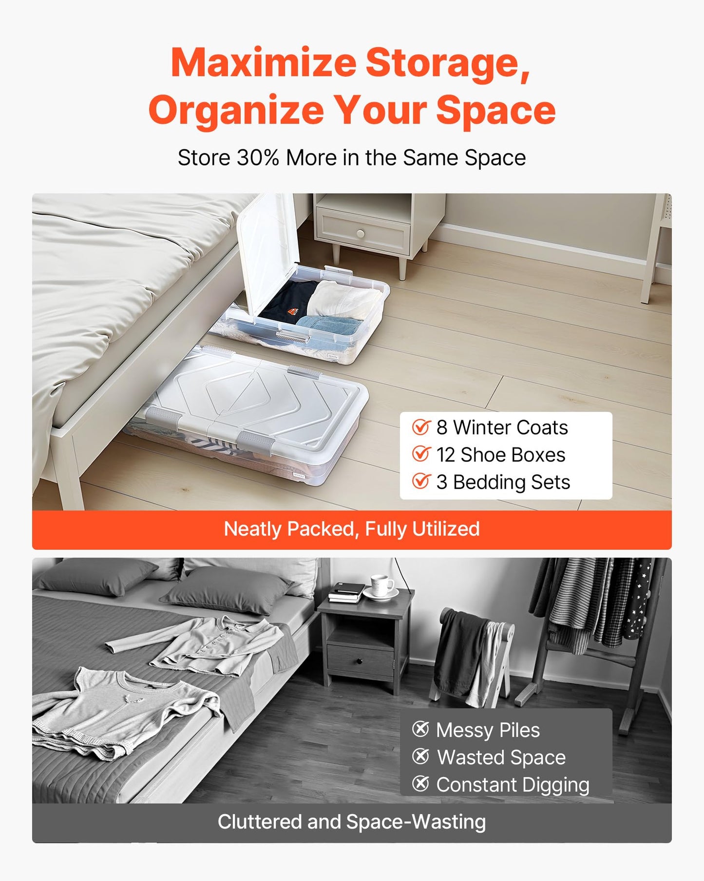 VEVOR Under Bed Storage with Wheels, 31.7 x 15.6 x 6.9 inch Underbed Containers, Underbed Shoes Organizer with Lid & Gray Latch, Rolling Under the Bed Storage Bins for Clothes Shoes Blankets, 4 Pack